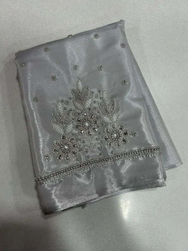 Premium Silver Tissue Blouse with Beads & Aari Work Limited Time Offer