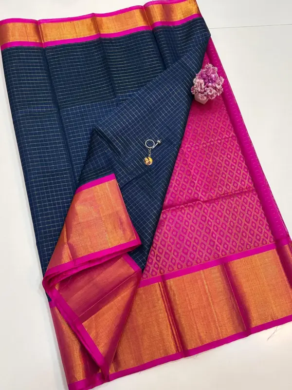Pure Handloom Checks Cotton by Pattu Sarees with Minimal Kaddi Border Finish