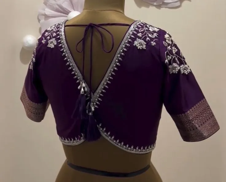 Regal Brinjal V-Neck Maggam Work Blouse A Statement of Tradition