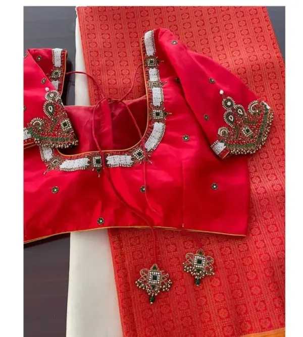 Regal Red Blouse with Pearl-Studded Peacock Maggam Design Bridal Must-Have