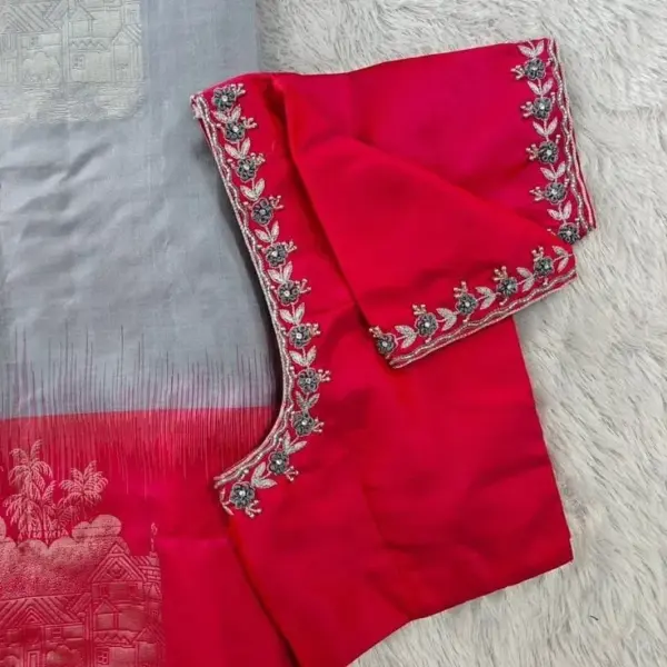 Regal Rose Red Maggam Work Blouse with Intricate Floral Elegance