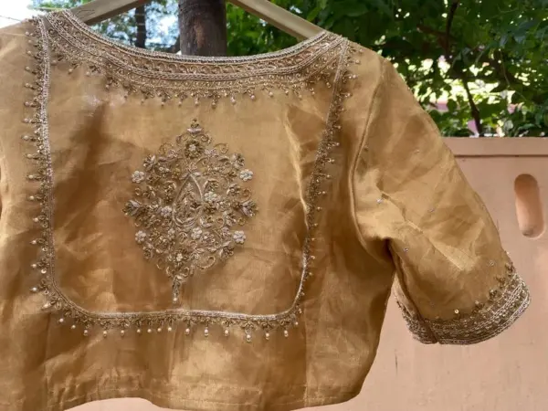 Royal Golden Madhubala Designer Maggam Work Blouse Timeless Elegance for Weddings