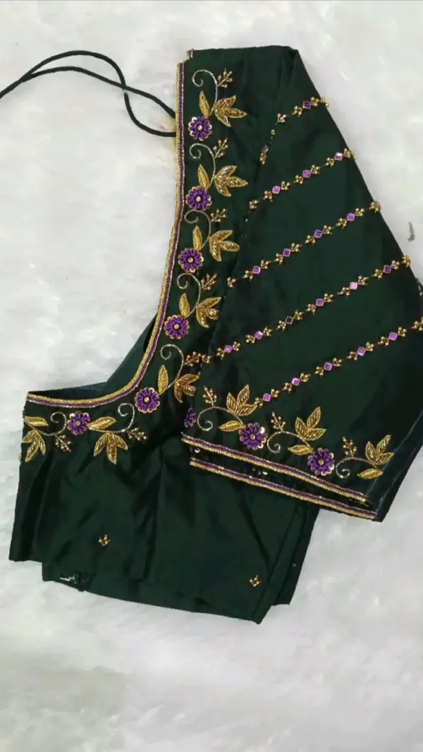 Royal GraceBottle Green Maggam Work Blouse with Elegant Line Design