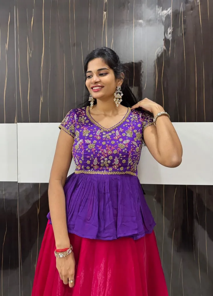 Royal Purple Peplum Lehenga with Flared Skirt & Intricate Maggam Work