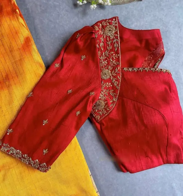 Royal Red Bridal Net Maggam Work Blouse Custom Raw Silk Designer Elegance