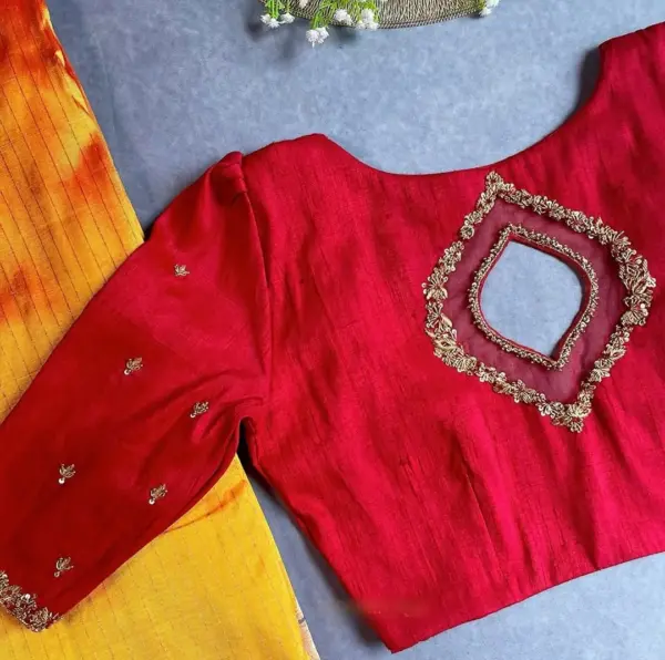 Royal Red Bridal Net Maggam Work Blouse Custom Raw Silk Designer Elegance