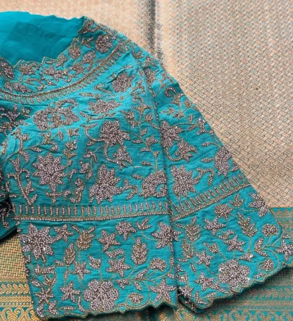 Sky Blue Bridal Maggam Work Blouse Stone Embellished Designer Wear for Muhurtham Sarees