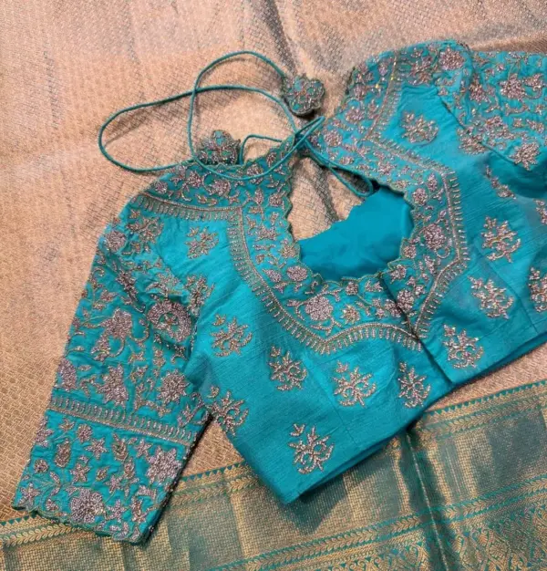 Sky Blue Bridal Maggam Work Blouse Stone Embellished Designer Wear for Muhurtham Sarees