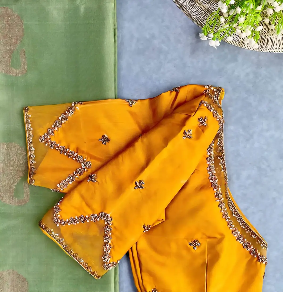 Stunning Mustard Yellow Net Blouse with Intricate Maggam Embroidery 1