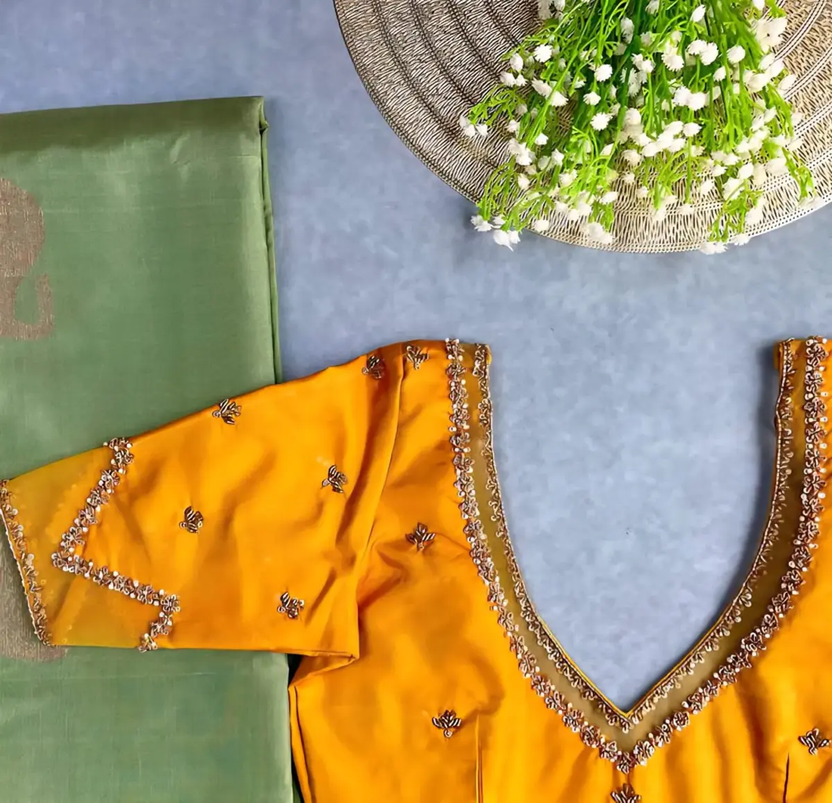 Stunning Mustard Yellow Net Blouse with Intricate Maggam Embroidery 2