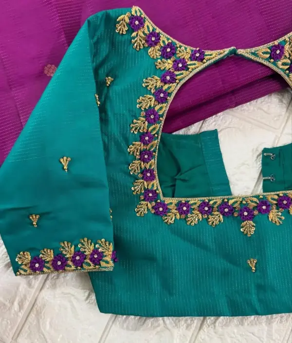 Stunning Rama Blue Bridal Maggam Work Blouse Royal Zardosi Design for Pattu Sarees