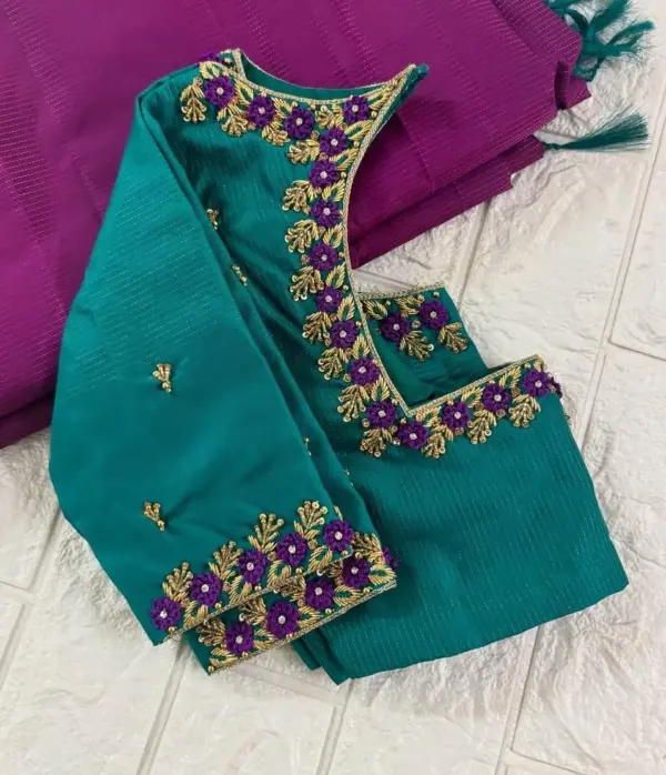 Stunning Rama Blue Bridal Maggam Work Blouse Royal Zardosi Design for Pattu Sarees