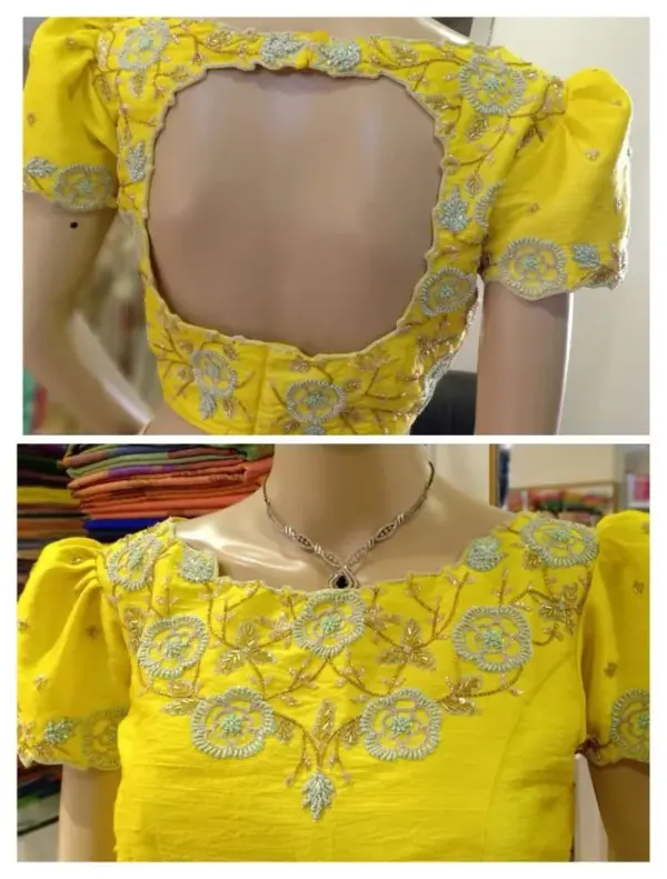 Sunshine Elegance Yellow Raw Silk Boat Neck Maggam Work Blouse