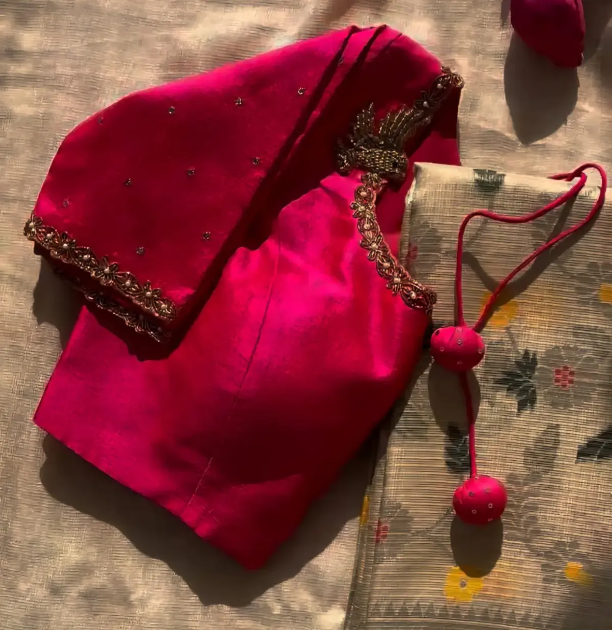 Timeless BeautyHandcrafted Pink Zardosi Peacock Blouse Design 2
