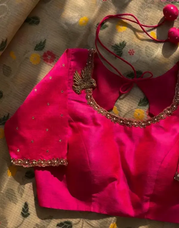 Timeless BeautyHandcrafted Pink Zardosi Peacock Blouse Design