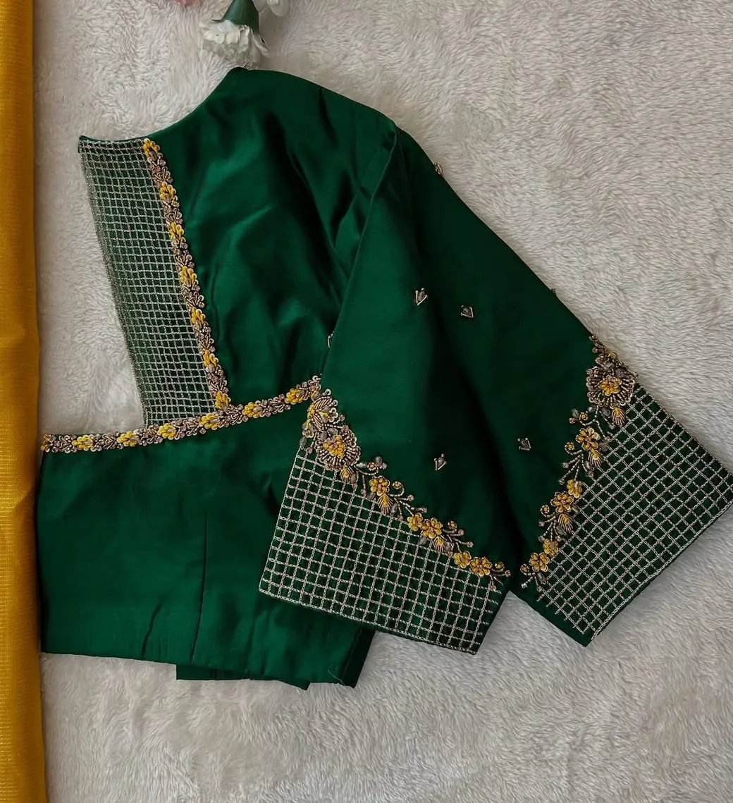 Timeless Charm Green Checks Blouse with Intricate Designer Detailing