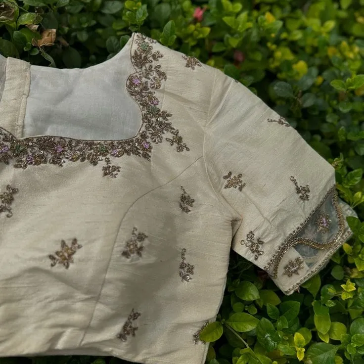 Timeless Grace Creme Raw Silk Net Maggam Work Blouse for Elegant Occasions
