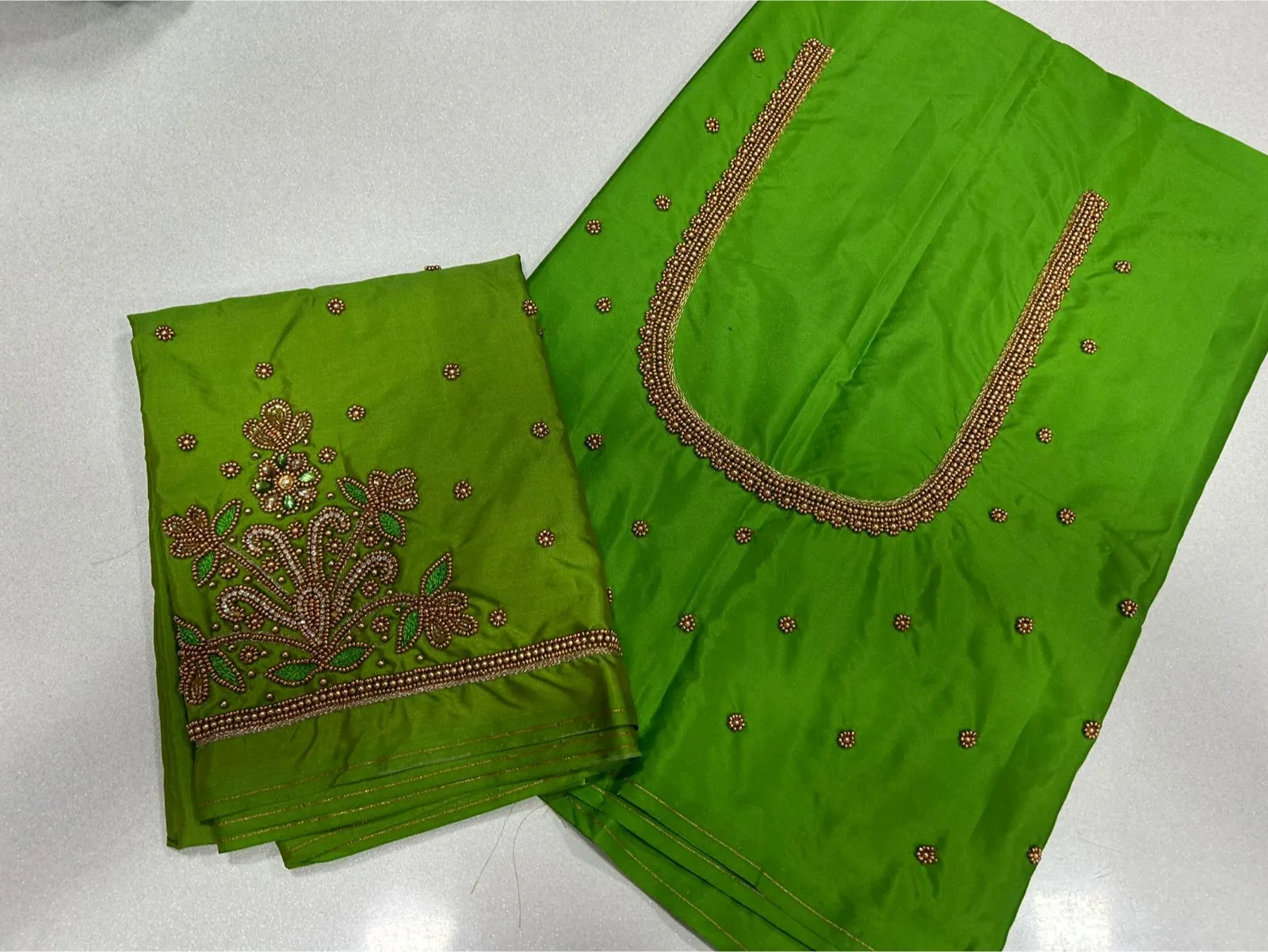 Vibrant Parrot Green Aari Work Blouse Elegant Craftsmanship Now on Festive Offer
