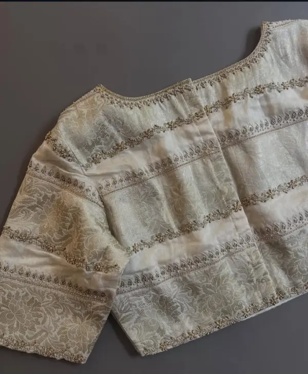 Cream Bridal Maggam Work Blouse with Intricate Lines Design 3