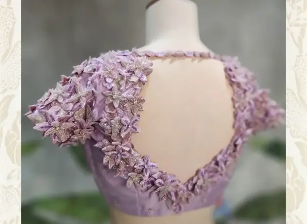 Elegant Lavender Maggam Blouse with 3D Flower Embellishments
