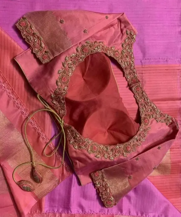 Elegant Peach Zardosi Maggam Work Blouse Designer Bridal Party Wear