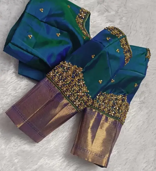 Exclusive Peacock Blue Pattu Saree Maggam Work Blouse Designer Bridal Wear