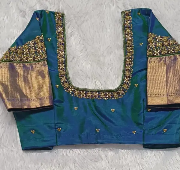 Exclusive Peacock Blue Pattu Saree Maggam Work Blouse Designer Bridal Wear