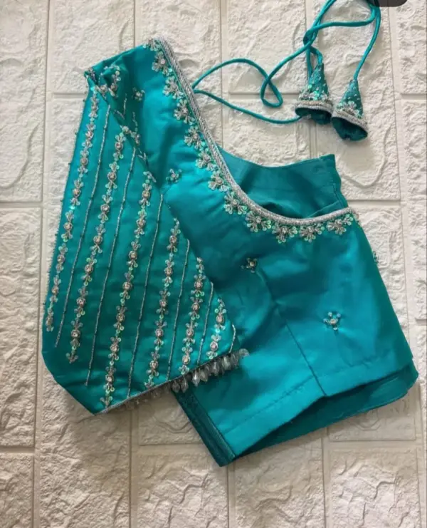 Exclusive Sky Blue Bridal Maggam Blouse Handcrafted Layered Design