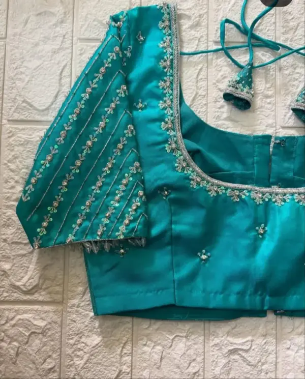 Exclusive Sky Blue Bridal Maggam Blouse Handcrafted Layered Design 3