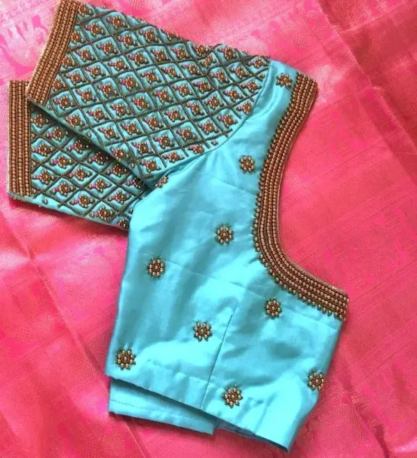 Grand Sky Blue Checks Maggam Work Blouse Perfect for Weddings Festive Wear