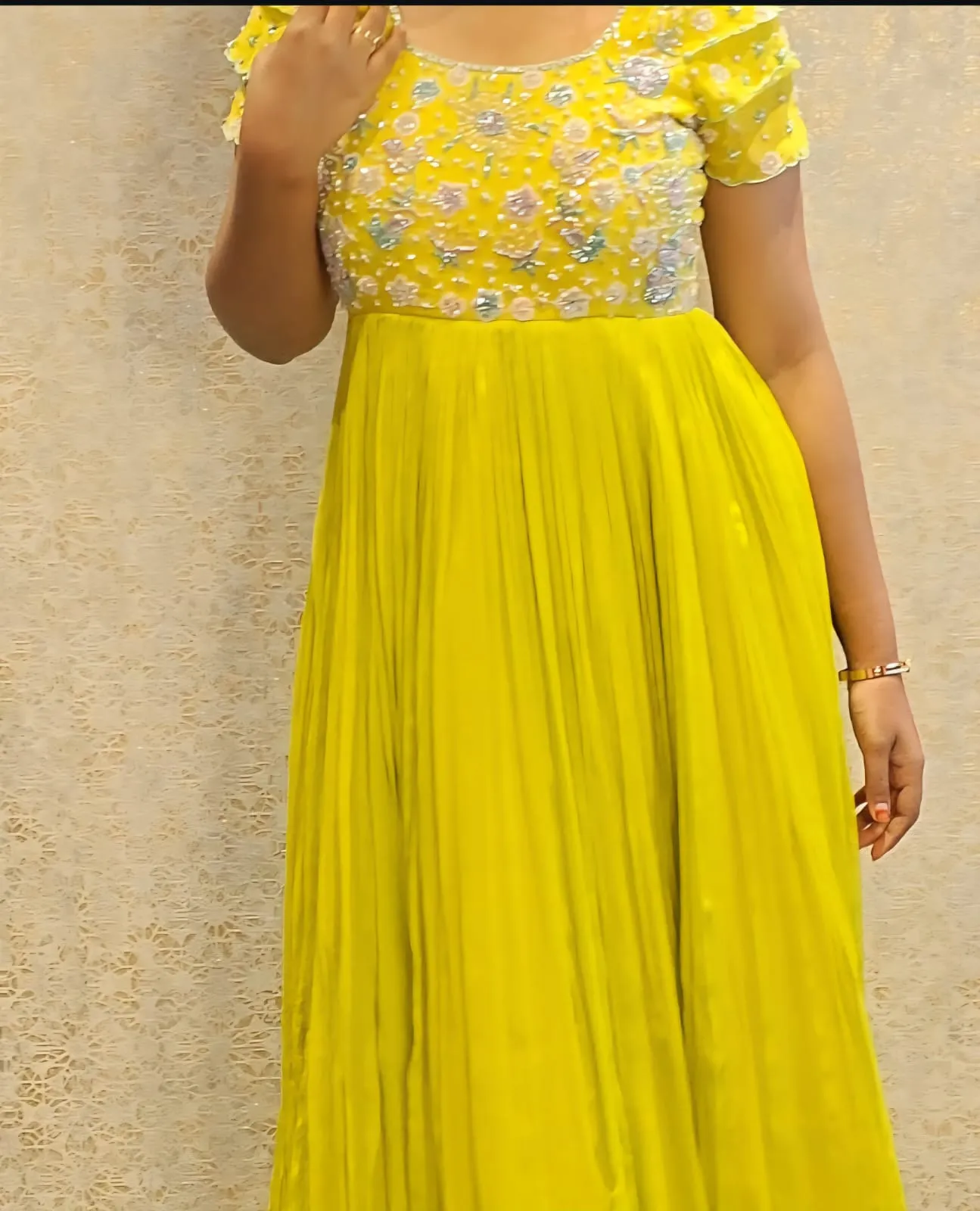 Lemon Yellow Designer Maggam Work Customised Long Frock Bridal & Partywear Gown for Women