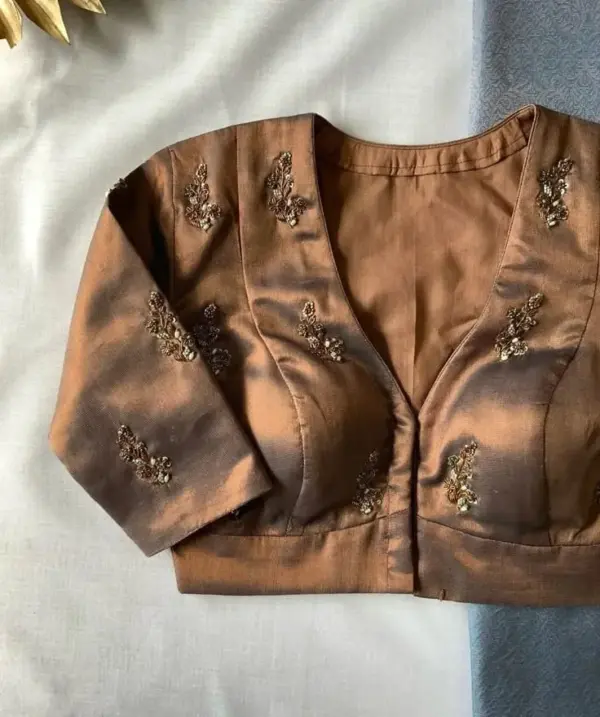 Luxury Metallic Brown Maggam Work Blouse Latest Designer Bridal Blouse with Customizable Sizes