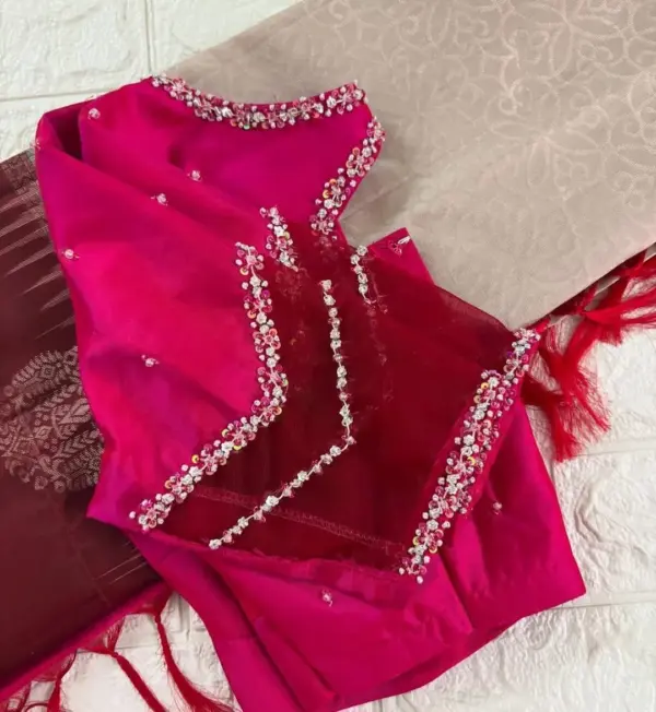 Luxury Pink Net Minimal Embroidery Maggam Blouse Modern Yet Traditional