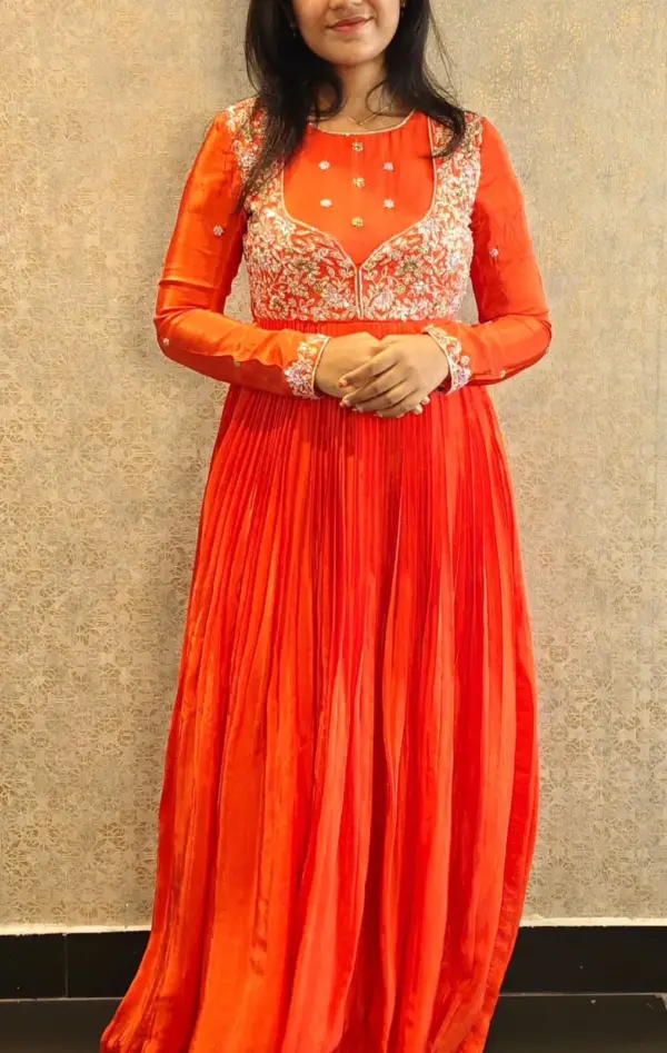 Orange Jacket Maggam Work Customized Long Frock Elegant Designer Bridal & Party Wear