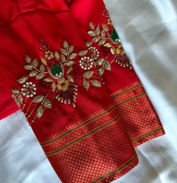 Red Thread Floral Maggam Work Designer Blouse – Bridal & Festive Wear