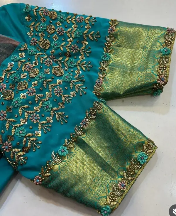 Royal Rama Blue Net Maggam Work Blouse  Luxurious Wedding Wear 3