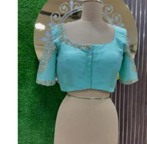 Sky Blue V-Neck Maggam Work Blouse Trending Designer Bridal Blouse with Custom Fit