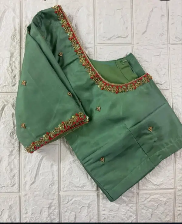 Trending Pista Green Minimal Maggam Blouse Must-Have for Bridesmaids