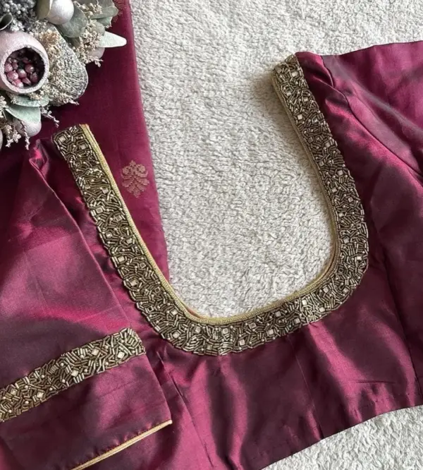 Wine Colour Simple Maggam Embroidery Blouse for Bridesmaids & Festive Looks