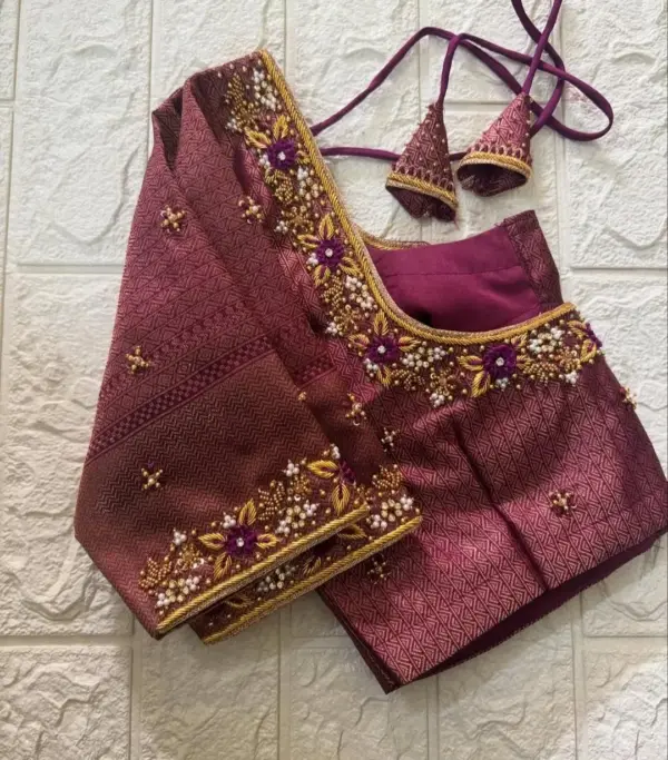 Wine Colour Wedding Maggam Blouse Minimal Zardosi & Aari Work Design