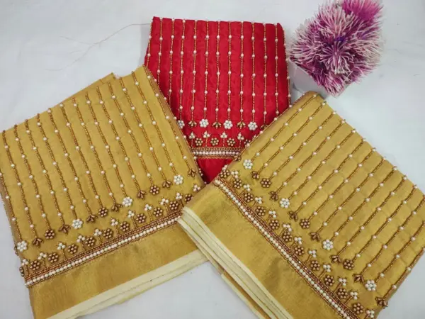 Affordable Blue Designer Aari Work Blouse with Elegant Bead Lines