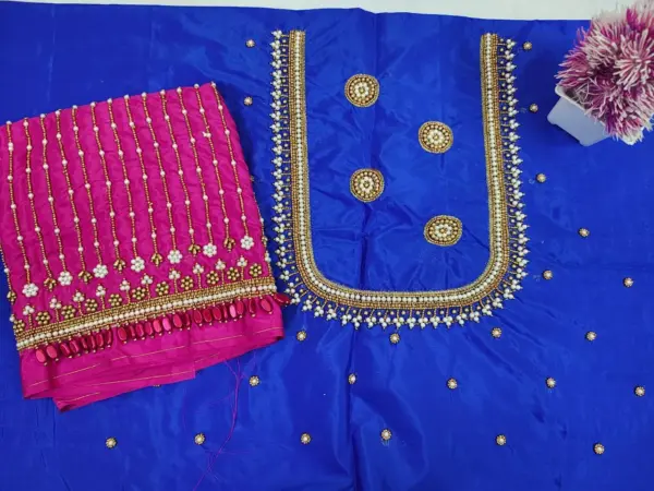 Affordable Blue Designer Aari Work Blouse with Elegant Bead Lines