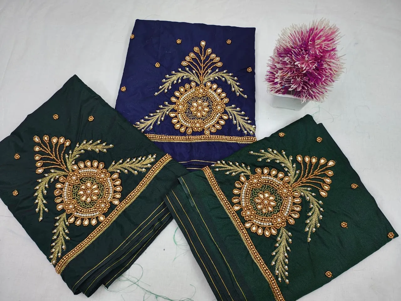 Budget-Friendly Navy Blue Aari Work Blouse with Designer Beads Detailing