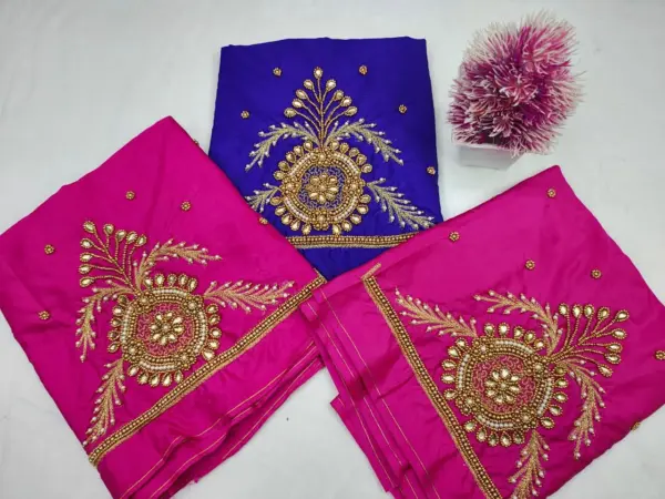 Budget-Friendly Navy Blue Aari Work Blouse with Designer Beads Detailing