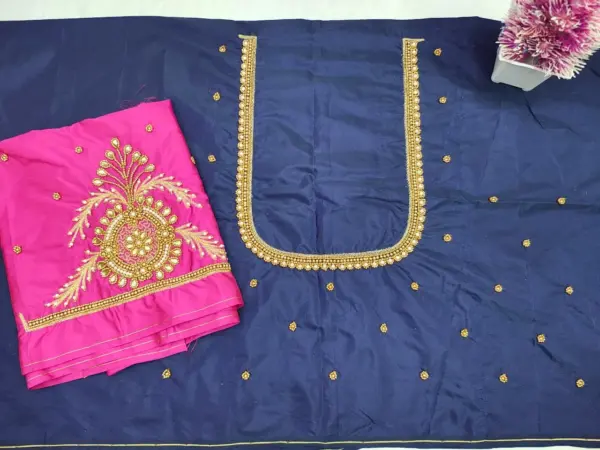 Budget-Friendly Navy Blue Aari Work Blouse with Designer Beads Detailing