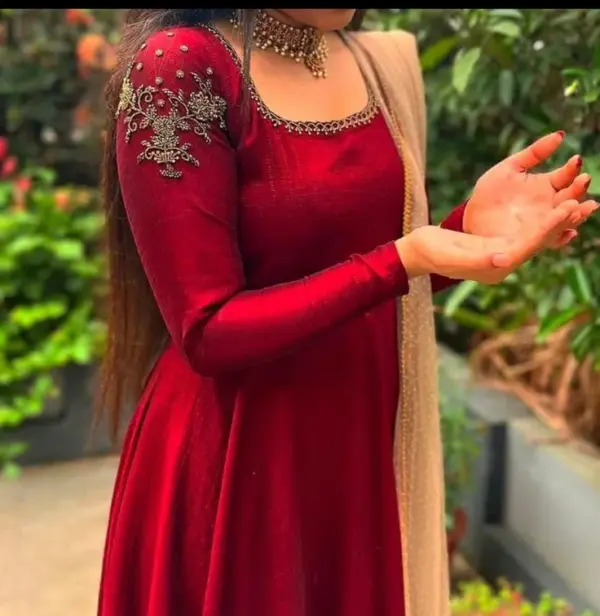 Buy Online Aariwork Red Rawsilk Long Frock | Premium Bridal Wear with Custom Fit