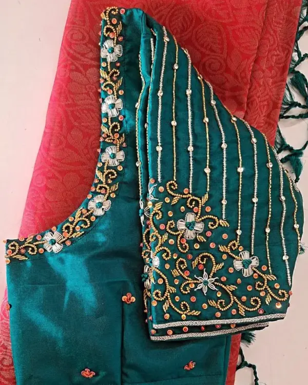 Buy Online Affordable Peacock Green Designer Maggam Work Blouse Trendy Readymade Blouse Under 3K