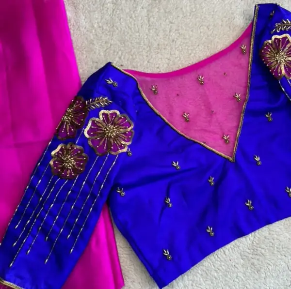 Buy Online Blue Net Shoulder Maggam Work Blouse  Exclusive Designer Bridal Wear at Best Price 3