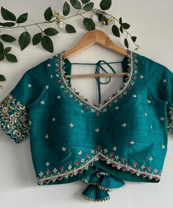 Buy Online Latest Rama Green Raw Silk Maggam Blouse Premium Ready-to-Wear Style Under 4500