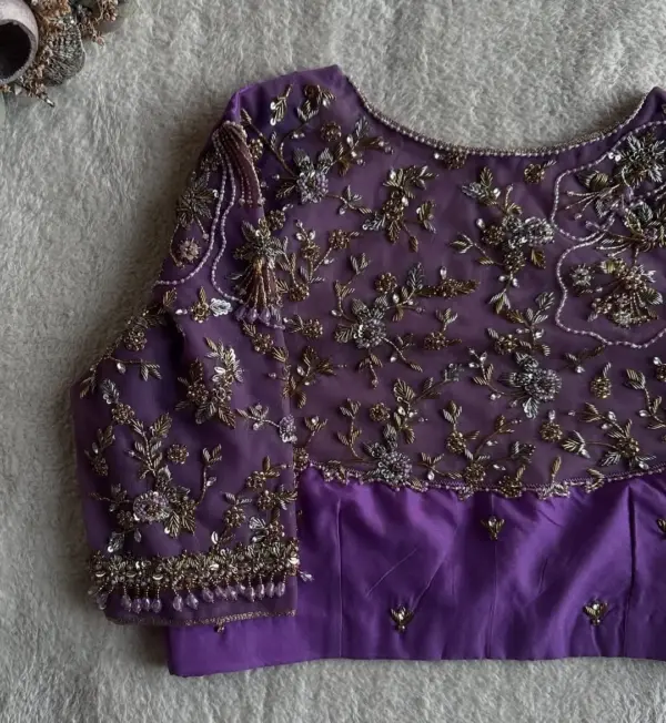 Buy Online Lavender Net Zardosi Party Wear Maggam Work Blouse Premium Ready-to-Wear Under 7K